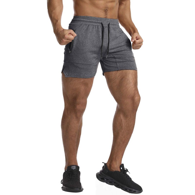 EVERWORTH Men's Solid Gym Workout Shorts Bodybuilding Running Fitted Training Jogging Short Pants with Zipper Pocket Grey L - Image 2